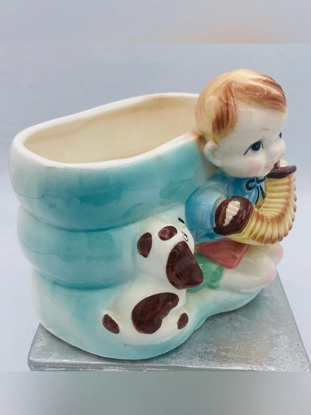 Vintage Rubens Original Ceramic Baby Planter with Accordion & Dog Japan 40s-60s